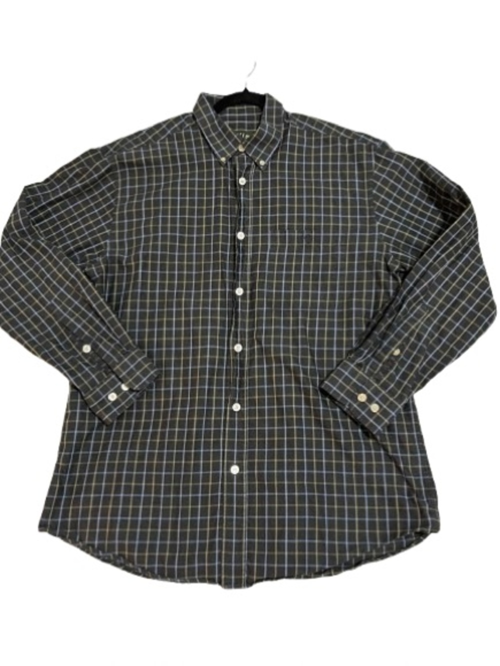 Orvis LS Country Twill Charcoal Blue Taupe Plaid Button-Down Shirt Sz L 42 44